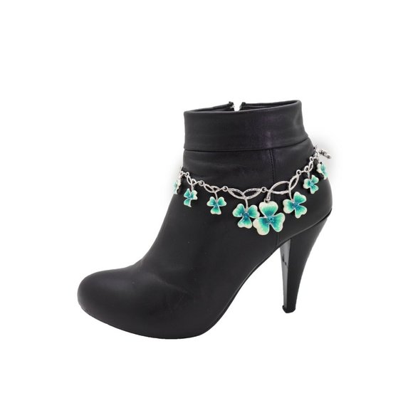 Women Silver Metal Chain Boot Bracelet Shoe Bright Baby Blue Clover Flower Charm - Picture 6 of 12